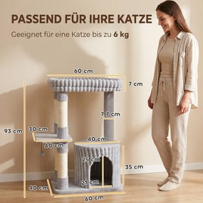 PawHut Drapak dla kotów, 93 cm, 3-poziomowy drapak z sizalowymi słupkami, przytulna nora, duża powierzchnia leżenia, platforma, do 6 kg | Aosom PL