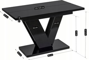 Zestaw Stół Prostokątny Rozkładany CLARK 120-160 cm Czarny Połysk i 4 Krzesła Tapicerowane RICK Szare Welurowe