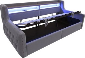 Leżanka 90x200 cm, łóżko dla dorosłych z miejscem do przechowywania, LED i portami USB – szary welur (bez materaca)