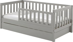 Łóżko dziecięce 70x140 cm szare z stelażem i szufladą na pościel, lite drewno sosnowe, skandynawski design, modułowe wejście