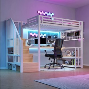 Łóżko piętrowe dla dzieci - 90 x 200 cm - rama żeliwna - z półką + diody LED + biurko + schody do przechowywania + USB - metalowe - białe