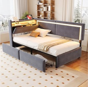 Sofa dziecięca tapicerowana z funkcją spania - 90 x 200 cm - z diodami LED + portem USB + otwieranym zagłówkiem + 2 szufladami - welur - ciemnoszary