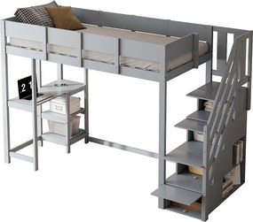 Łóżko antresolowe dziecięce 90×200 cm - z drabiną ze schowkiem - z biurkiem - szare (materac nie jest dołączony)