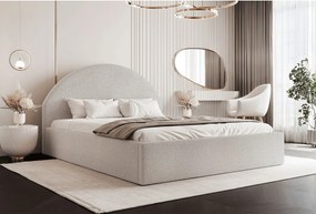 BESILIO Łóżko tapicerowane Boucle 160x200 Velora - stelaż listwowy, wezgłowie, pojemnik, łóżko slim - Beżowy