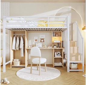 Łóżko piętrowe dla dzieci - 90 x 200 cm - rama żeliwna - ze schodkami do przechowywania + szafa + biurko + półki - metalowe - białe