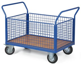 Wózek platformowy - 4 burty z siatki, 1200 x 800 mm, nośność 300 kg, koła 160 mm z czarną gumą