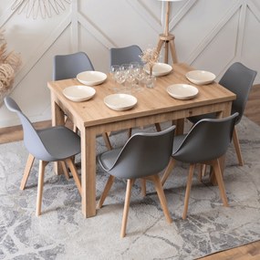 Zestaw Stół Prostokątny SKUBI Rozkładany 120-160 cm Dąb Artisan i 6 Krzeseł SCANDI Szare/Dąb