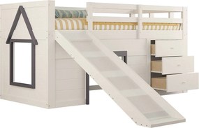 Łóżko piętrowe dla dzieci - 90 x 200 cm - z wysuwaną półką + 3 szuflady + 2 drzwi - płyta MDF + sosna - białe