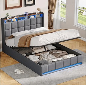 Łóżko 160x200 cm z oświetleniem LED, hydraulicznym schowkiem, stelażem z listew, ładowarkami USB i typu C - tkanina lniana w kolorze szarym