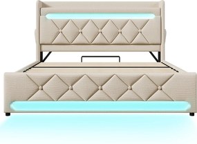 Łóżko 160x200 cm z pojemnikiem - Łóżko dla dorosłych z ładowaniem USB i oświetleniem LED - beżowy len - bez materaca