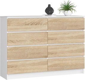 Komoda AKORD K140 Biała 138 cm 8 szuflad kolor Dąb Sonoma mat 138x40x99 cm
