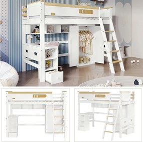 Łóżko piętrowe 90 x 200 cm z biurkiem, szafą i półkami do przechowywania - Sosna + MDF + sklejka - Biały i naturalny