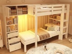 Łóżko piętrowe 90x200cm - z inteligentnym nocnym oświetleniem LED - z szafą i 3 szufladami - z półkami - Drewno lite + MDF - Biały