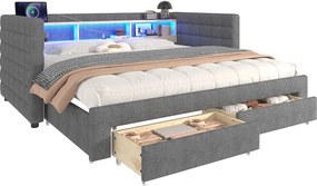Sofa rozkładana 90x190 cm - z łóżkiem chowanym - z portami USB + Type-C - z 2 szufladami - listwa świetlna LED - szary (materac nie jest dołączony)