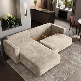Masseno Narożnik TURIN z funkcją spania i pojemnikiem na pościel Narozniki L, Rozkładana sofa - Kremowy, MONOLITH 04