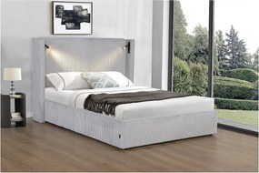 Podwójne łóżko welurowe z pojemnikiem i wbudowaną lampką "Cortina" - Szare