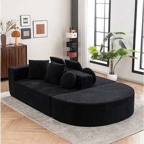 Modułowa panoramiczna sofa 5-osobowa - z tkaniny Chenille czarna - z 6 poduszkami - 263x171x66cm