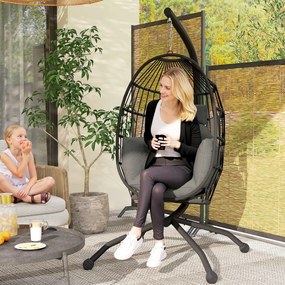 Outsunny Zewnętrzny Fotel Wiszący z Składanym Siedziskiem i Grubymi Poduszkami, Stojak, Zagłówek, Uchwyt na Kubek, Czarny