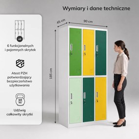 Szafka socjalna ubraniowa BHP szaro-zielono-żółta 6-drzwiowa: IGOR, 900 x 1850 x 450 mm