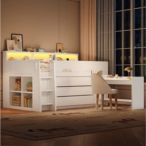 Łóżko dziecięce niskie piętrowe - 90 x 200 cm - z 3 szufladami + wyjmowane biurko + półki + diody LED + USB - NDF - białe
