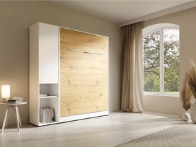 Łóżko chowane w szafie pionowe 140 x 200 cm - 1 kolumna do przechowywania - Z oświetleniem LED - Białe i naturalne - RAPILI