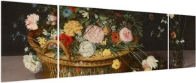 Obraz - Jan Brueghel the Elder, Flowers in a Basket and a Vase, reprodukcje (170x50 cm)