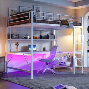 Łóżko antresolowe 140x200 cm z oświetleniem USB i LED, półkami i biurkiem, białe – bez materaca