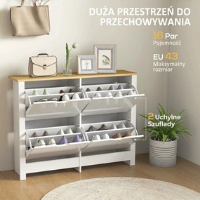 HOMCOM Wąska szafka na buty z 4 uchylnymi przegrodami, na 8–16 par butów, 105 x 26 x 80 cm, biały + naturalny | Aosom PL