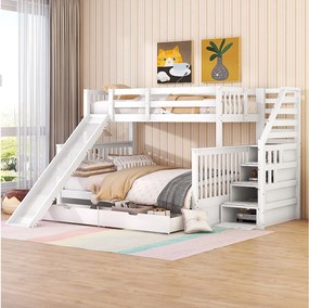Łóżko piętrowe z szufladami - 90 x 200 cm + 140 x 200 cm - drabinka, zjeżdżalnia i stelaż - białe
