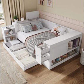 Łóżko dziecięce ze schowkiem - 140 x 200 cm - tapczan z 3 szufladami - ze szafkami nocnymi - MDF - białe