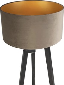 Lampa podłogowa trójnóg czarna z abażurem w kolorze taupe i złotem 50 cm - Puros