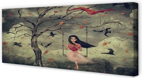 Obraz na płótnie Drzewo, Ptaki i Dziewczynka na Skale
