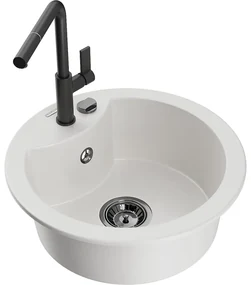 Mexen Diego zlewozmywak granitowy 1-komorowy z baterią kuchenną Flora, biały - 6512-20-670401-70-B