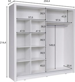 Szafa Przesuwna FRISKA 204,4 cm z Lustrem Szafa Dwudrzwiowa, Szary