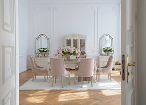 Eleganckie krzesło do jadalni lub salonu Opera beżowe, bukowe nogi. Krzesło z pikowanym oparciem chesterfield, drewniane białe nogi. Tkanina welwetowa, odporna na wsiąkanie płynów.