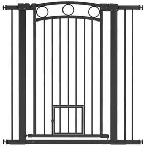 PawHut Ogrodzenie dla zwierząt 106 cm z regulowaną szerokością, wbudowane drzwiczki dla kotów, do schodów i ram drzwiowych, czarne