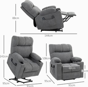 HOMCOM Fotel dla seniora z funkcją leżenia i pilotem szary 144 cm x 91 cm x 88 cm idealny do pomocy przy wstawaniu | Aosom PL