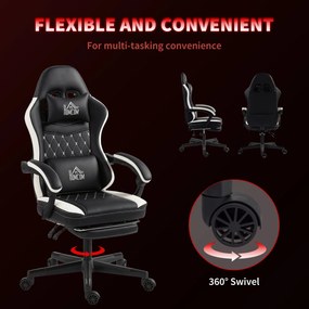 HOMCOM Fotel Gamingowy z Podnóżkiem, Fotel komputerowy z Poduszką i Książeczką, Skórzany Pokrowiec, Obrotowy, Wysokość Regulowana, Metal, Plastik, Czarny+Biały