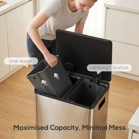 HOMCOM Kosz na śmieci z 2x30 l komorami, pokrywa Soft-Close, odporny na odciski, stal nierdzewna, srebrny | Aosom PL