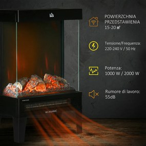 HOMCOM Elektryczny kominek, 2000 W, Wolnostojący kominek z ogrzewaniem Effekt płomieni LED 3D, 4 poziomy jasności, Elektryczny kominek z termostatem, Ochrona przed przegrzaniem, Czarny