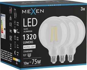 Mexen Vintis 3x żarówka filament LED E27, G125, 10W, Neutralna - 4000K, 1320 lm, clear - L158-E27-1040-00x03