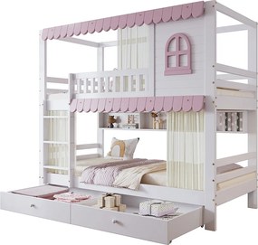 Łóżko piętrowe drewniane - 90x200 cm - z 2 szufladami i półkami - Białe i Różowe (z zasłonami)