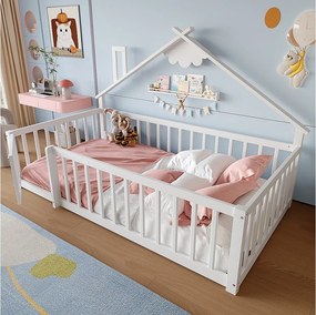 Łóżko dziecięce płaskie - 90 x 190 cm - barierka zabezpieczająca z zamkiem - Sosna + MDF - białe