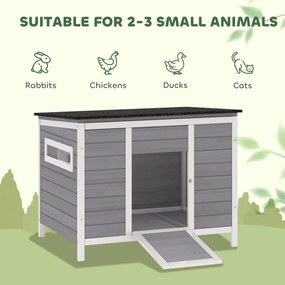 PawHut Domek dla kaczek odporny na warunki atmosferyczne z drewna z wyjmowanym spodem, przesuwanymi oknami, otwieranym dachem asfaltowym, 93x70x72cm, szary | Aosom PL