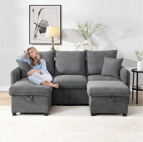 Szara sofa narożna - Sofa 3-osobowa z 2 szufladami i 2 pufami ze schowkiem - szenil