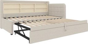 Sofa rozkładana 90/180x200 cm, len beżowy, wysuwana z pojemnikiem na pościel i portem USB – bez materaca