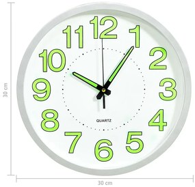 Biały fluorescencyjny zegar ścienny 30 cm H4-S63