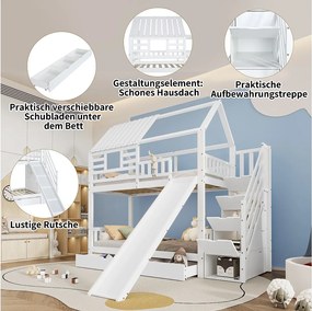 Łóżko piętrowe dla dzieci ze schodkami do przechowywania i zjeżdżalnią - 90 x 200 cm*2 - z barierką zabezpieczającą i szufladą - sosna i MDF - białe