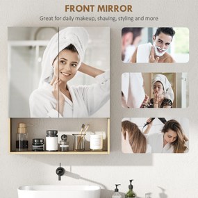 HOMCOM szafka łazienkowa z lustrem, drzwi z lustrem, otwarta półka, montaż na ścianie, MDF, płyta wiórowa, dąb