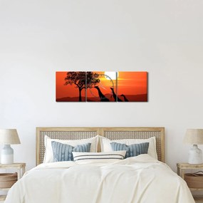 Obraz żyraf o zachodzie słońca (z zegarem) (90x30 cm)